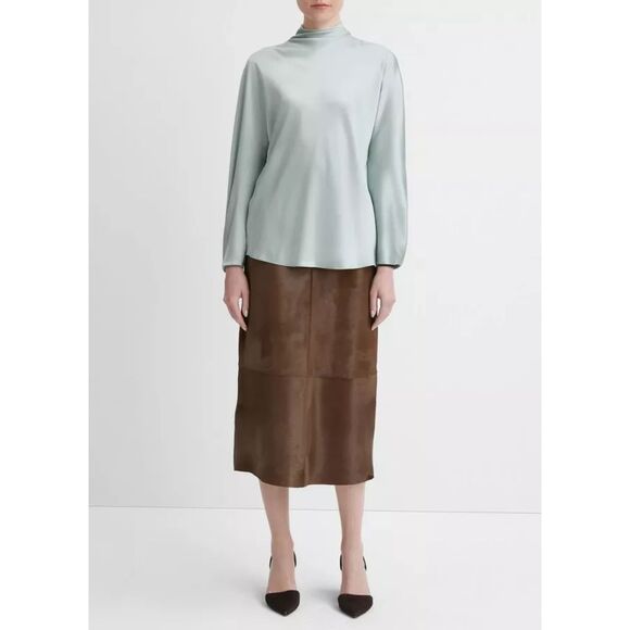 Vince Silk Draped Funnel Neck Blouse Long Sleeves Back Zip Ruched Cuffs Size Med